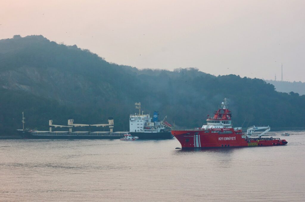 The Palau-flagged bulk carrier MKK1, carrying grain under the Black Sea grain initiative, is seen drifted aground in the Bosporus in Istanbul, Türkiye, Jan. 16, 2023. (Reuters Photo)