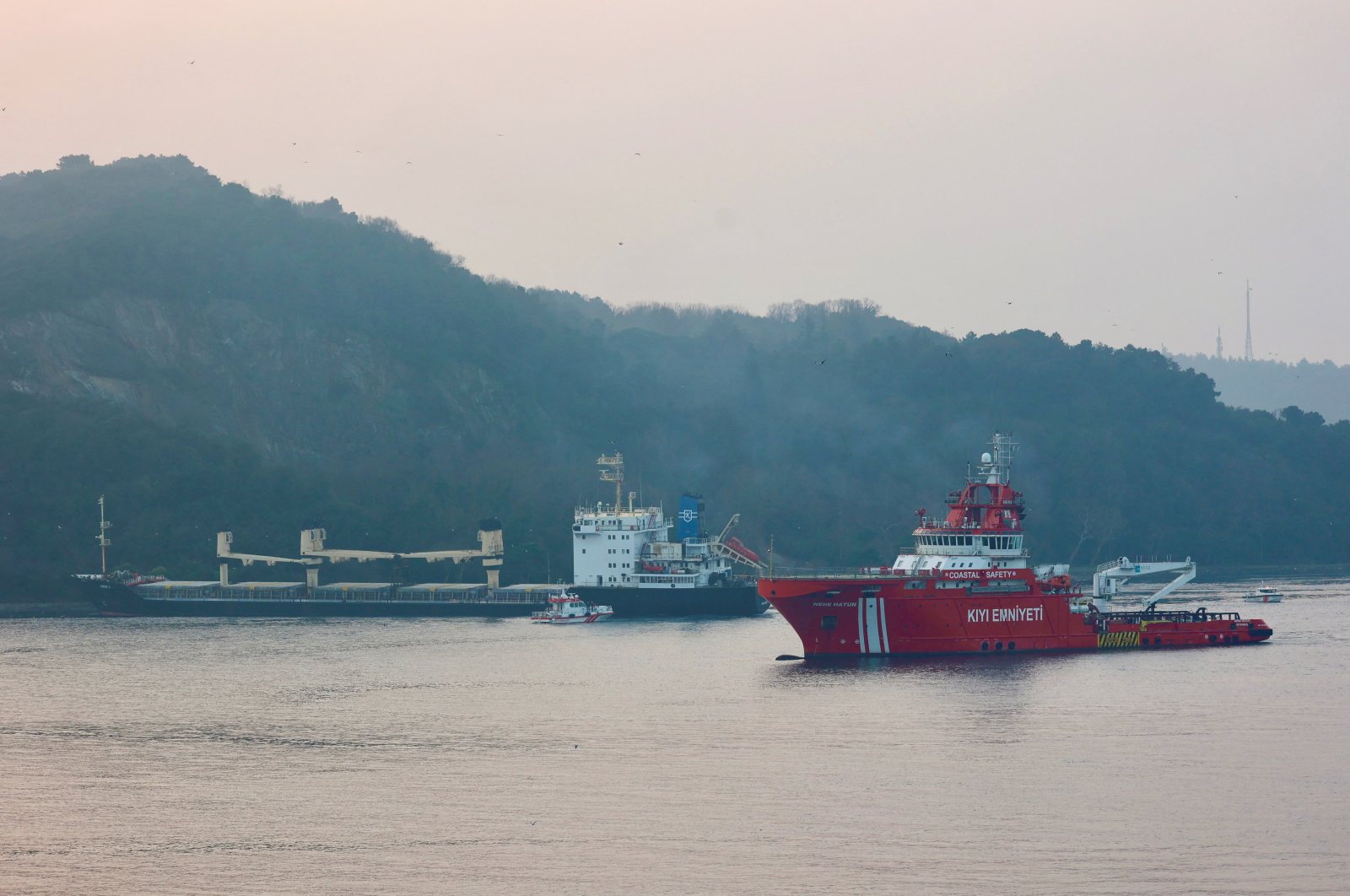 The Palau-flagged bulk carrier MKK1, carrying grain under the Black Sea grain initiative, is seen drifted aground in the Bosporus in Istanbul, Türkiye, Jan. 16, 2023. (Reuters Photo)