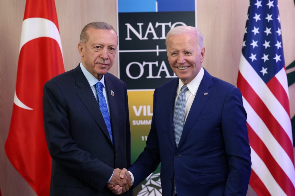 President Recep Tayyip Erdoğan (L) meets with U.S. President Joe Biden during a NATO leaders summit in Vilnius, Lithuania, July 11, 2023. (Reuters Photo)