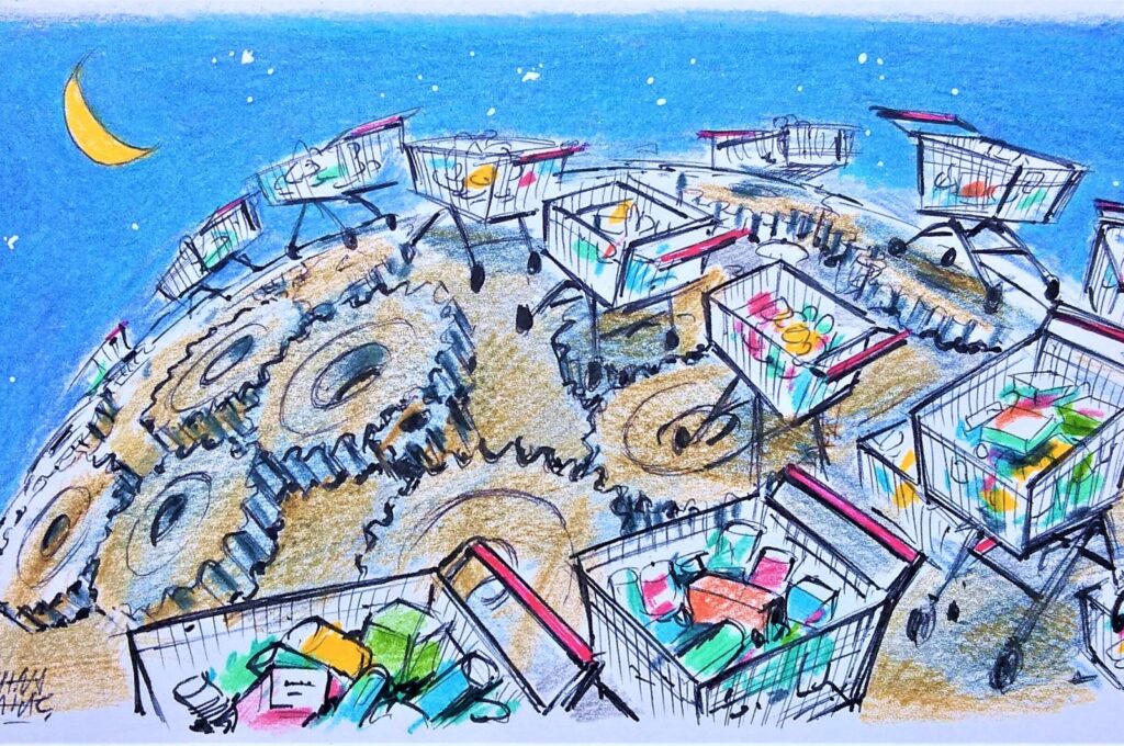 "The modern world promises us that it will provide us with anything we can dream of, as it is an organization formed by experts who know our weaknesses the best." (Illustration by Erhan Yalvaç)