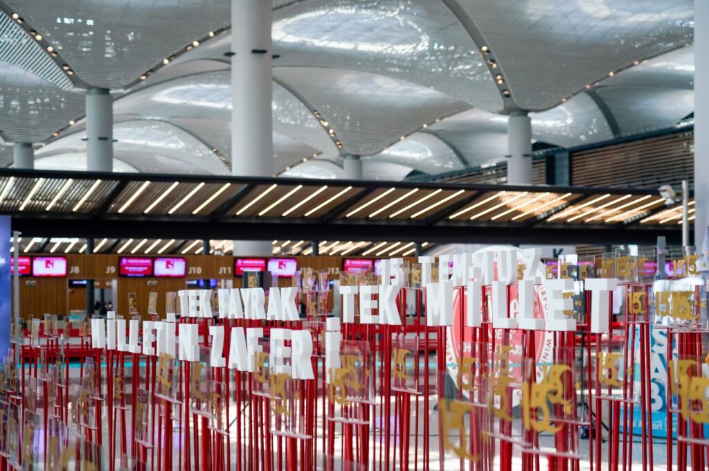 The photo shows the exhibition titled "Heroes of Türkiye's Century" at Istanbul Airport, Türkiye, July 13, 2023. (Photo courtesy of IGA)
