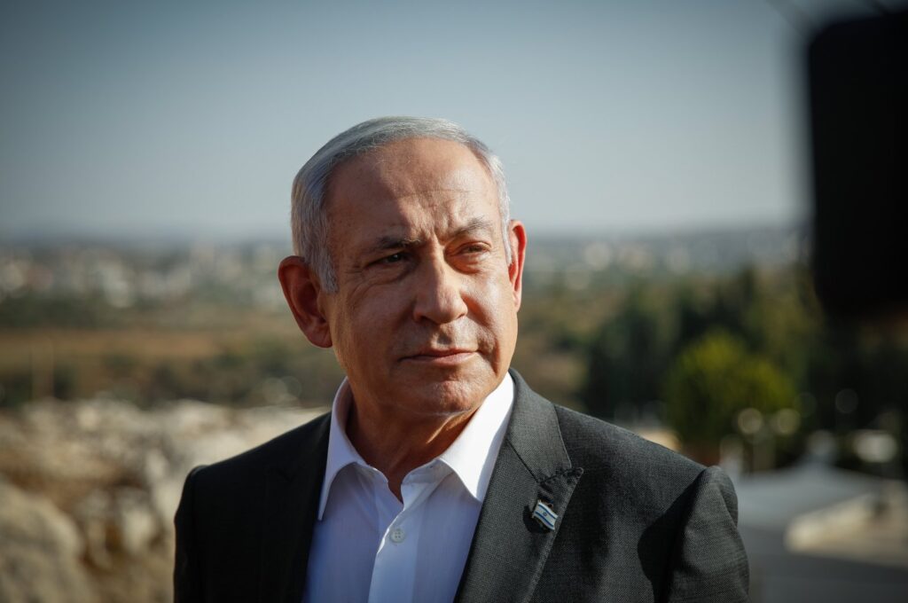 Israeli PM Benjamin Netanyahu at the Salem military post between Israel and the occupied West Bank, July 4, 2023. (EPA Photo)