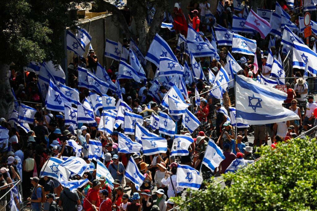 People demonstrate against Israeli Prime Minister Benjamin Netanyahu and his nationalist coalition government's judicial overhaul, in Tel Aviv, Israel, July 18, 2023. (Reuters Photo)