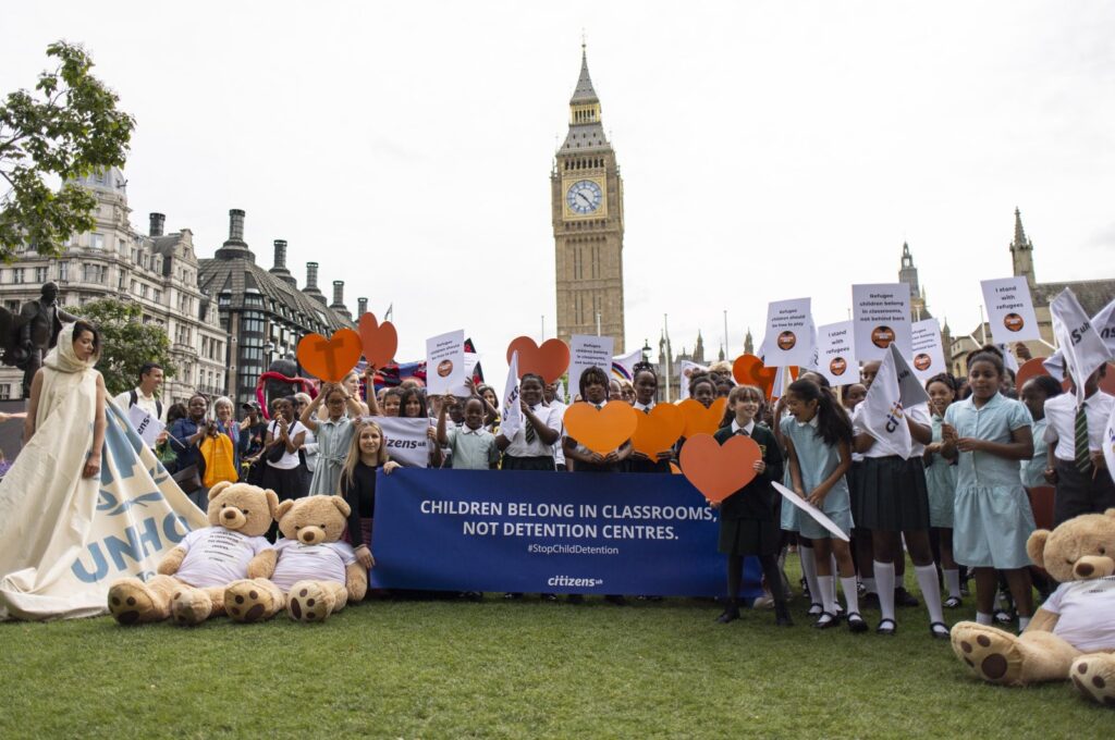 Children from St. Antony’s Catholic Primary School take part in a photocall organized by Citizens UK to highlight refugee children could be detained under a proposed Illegal Migration Bill by the UK government, London, U.K., June 27, 2023. (EPA Photo)
