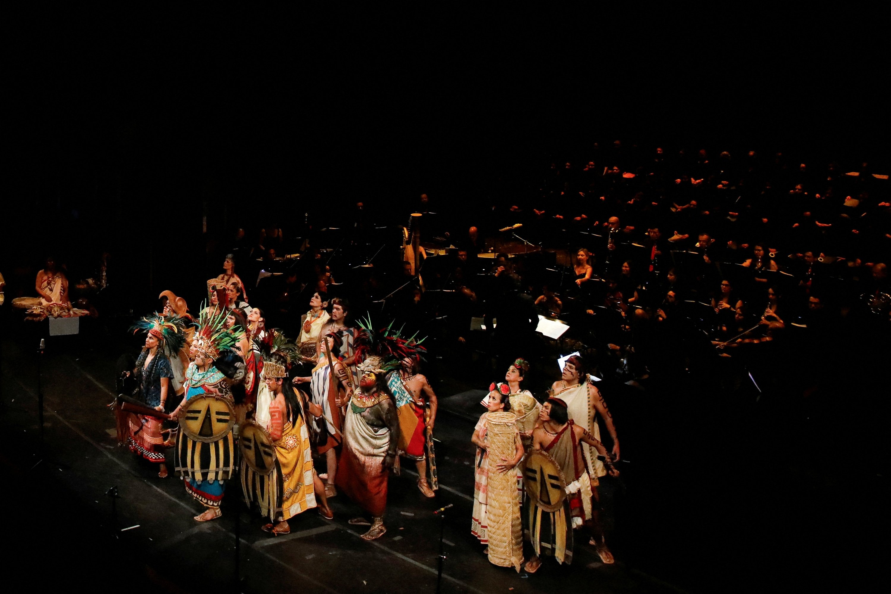 283218 Cast members perform during the Epic Cantata Cuitlahuatzin, a multidisciplinary show in Nahuatl about the life of the Tlahtoani, who commanded the only battle in which the Mexicans defeated the Spanish, in the main hall of the Palace of Bellas Artes, Mexico City, Mexico, July 17, 2023. (Reuters Photo)