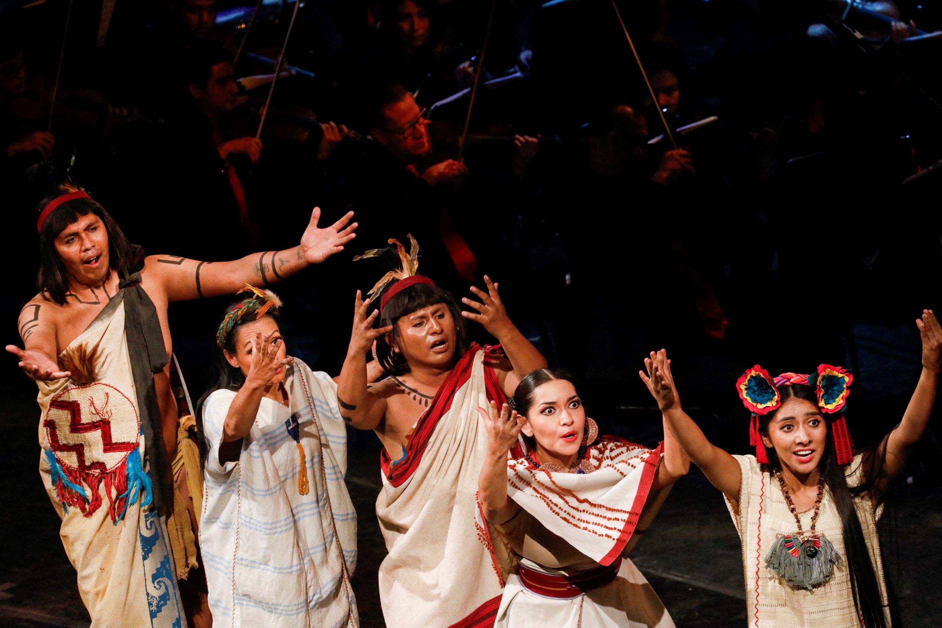 283220 FILE PHOTO: Cast members perform during the Epic Cantata Cuitlahuatzin, a multidisciplinary show in Nahuatl about the life of the Tlahtoani, who commanded the only battle in which the Mexicans defeated the Spanish, in the main hall of the Palace of Bellas Artes, Mexico City, Mexico, July 17, 2023. (Reuters Photo)