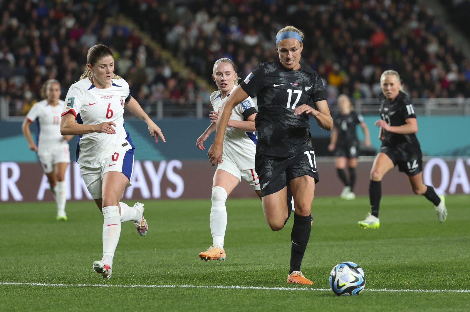New Zealand's Hannah Lillian Wilkinson (2nd R) in action against Maren Mjelde (2nd L) of Norway during the FIFA Women's World Cup Group A match between New Zealand and Norway, Auckland, New Zealand, July 20, 2023. (EPA Photo)