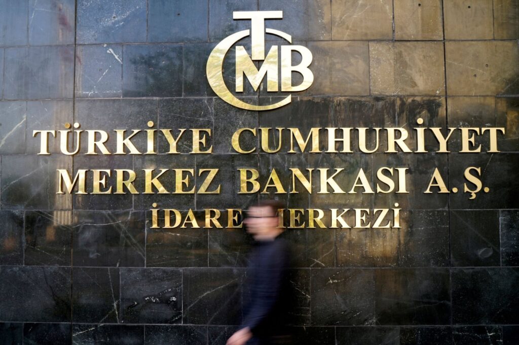 A logo of the Central Bank of the Republic of Türkiye (CBRT) at the entrance of its headquarters in Ankara, Türkiye, Oct. 15, 2021. (Reuters Photo)