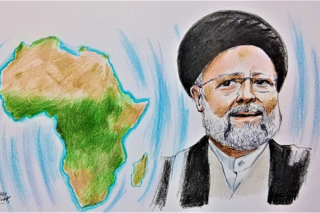 An illustration shows the African continent and Iran's President Ebrahim Raisi. (Illustration by Erhan Yalvaç)