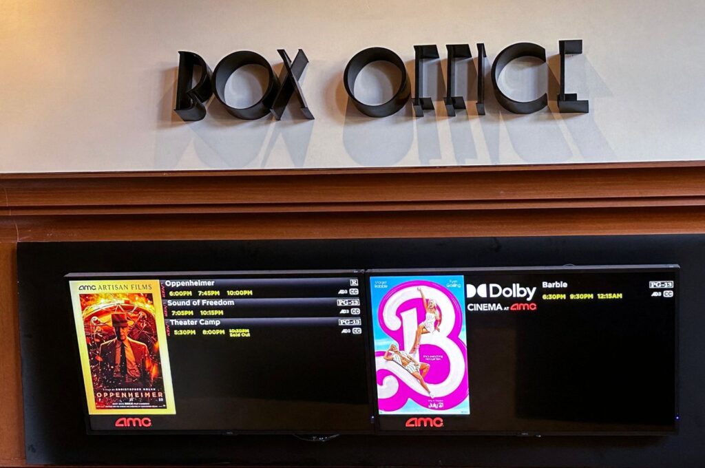 A movie theater Box Office is pictured announcing the opening of "Oppenheimer" and "Barbie" movies, in Los Angeles California, U.S., July 20, 2023. (AFP Photo)
