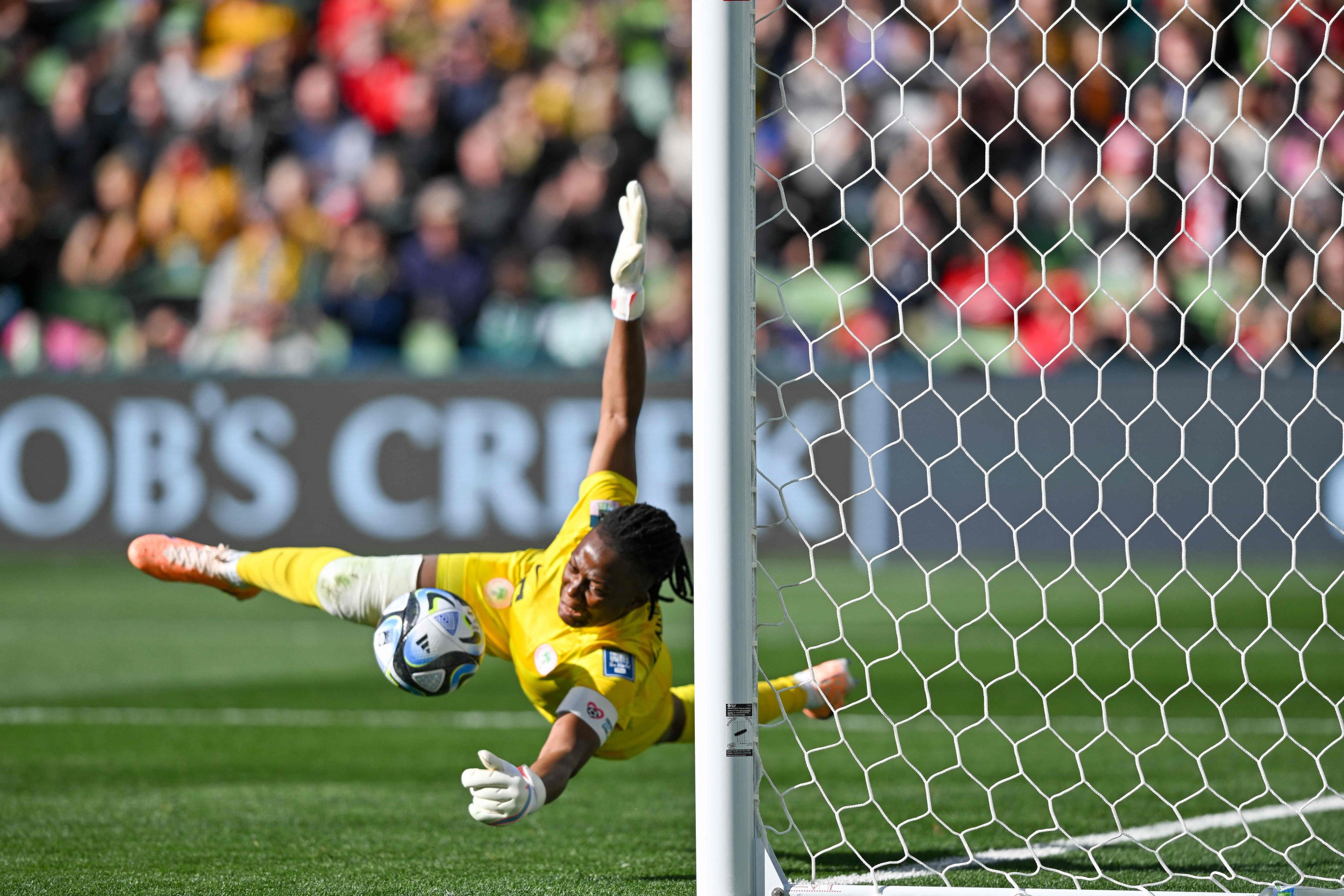 283604 Nigeria's goalkeeper Chiamaka Nnadozie saves a penalty kick by Canada's forward Christine Sinclair during the Australia and New Zealand 2023 Women's World Cup Group B football match at Melbourne Rectangular Stadium, Melbourne, Australia, July 21, 2023. (AFP Photo)