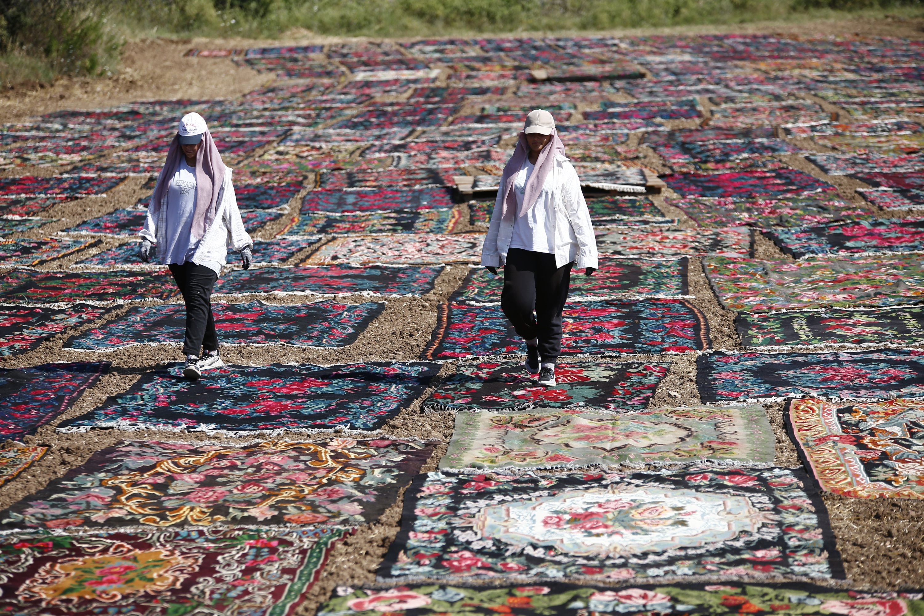 283701 Women walk over the carpets drying on the fields, Antalya, southern Türkiye, July 20, 2023. (AA Photo)