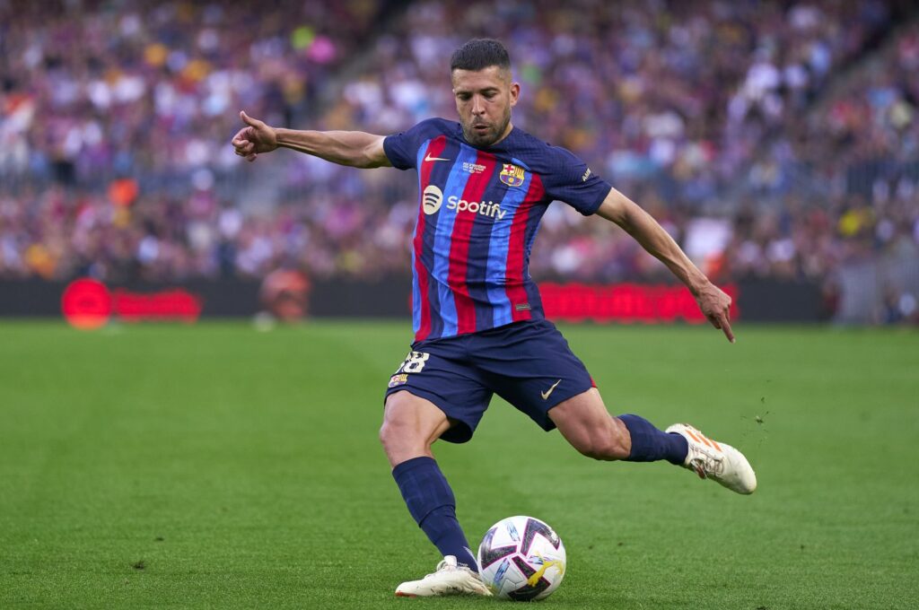 Ex-Barcelona fullback Jordi Alba kicks the ball during the La Liga match against Mallorca at Camp Nou, Barcelona, Spain, May 28, 2023. (Getty Images Photo)