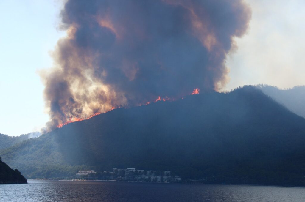 Smoke and flames rise from a forest fire in Marmaris district of Muğla, Türkiye, July 30, 2021. (Getty Images Photo)