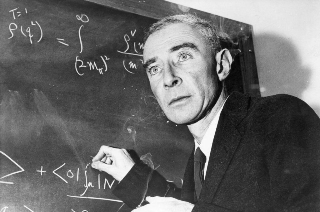 Robert Oppenheimer in front of a blackboard. (Getty Images Photo)