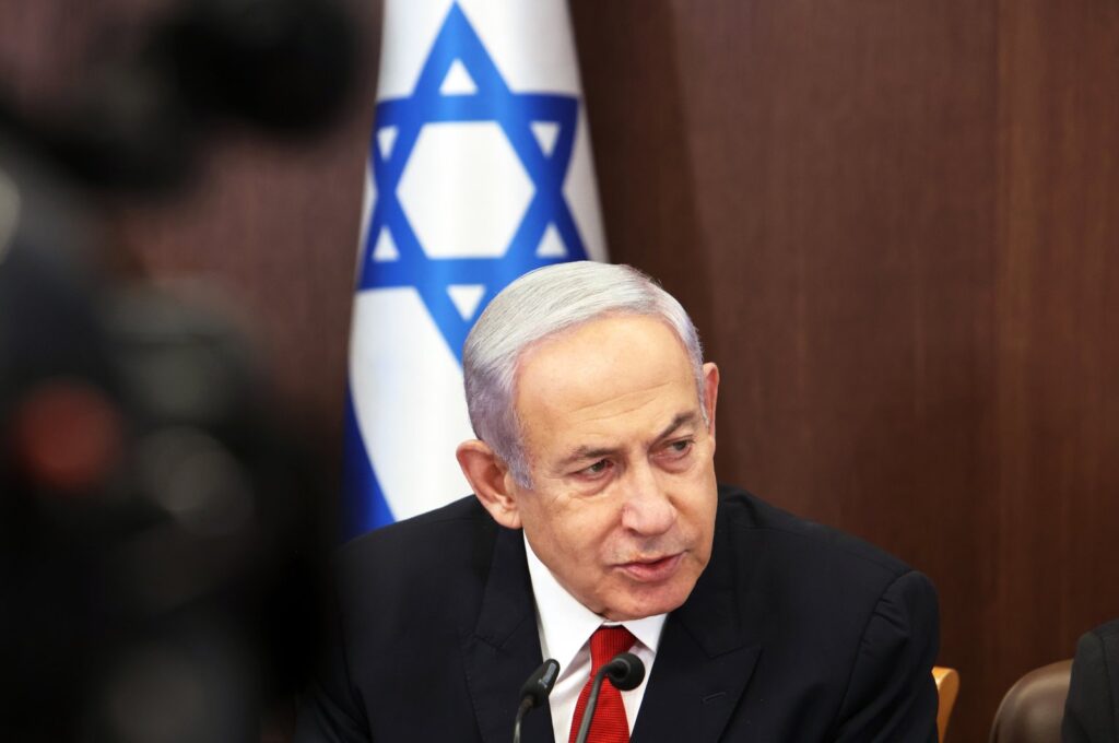 Israeli PM Benjamin Netanyahu attends the weekly cabinet meeting in his office in Jerusalem, July 9, 2023. (EPA Photo)