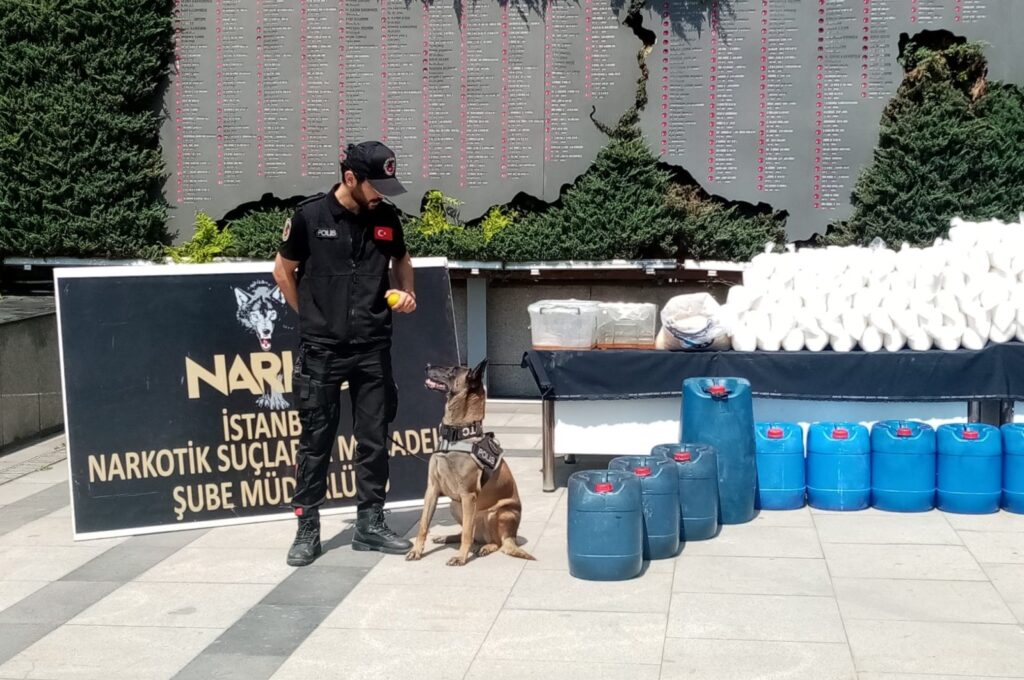 The synthetic drugs seized in operations carried out in several districts of Istanbul are displayed in front of Istanbul Police Department, Türkiye, July 24, 2023. (IHA Photo)