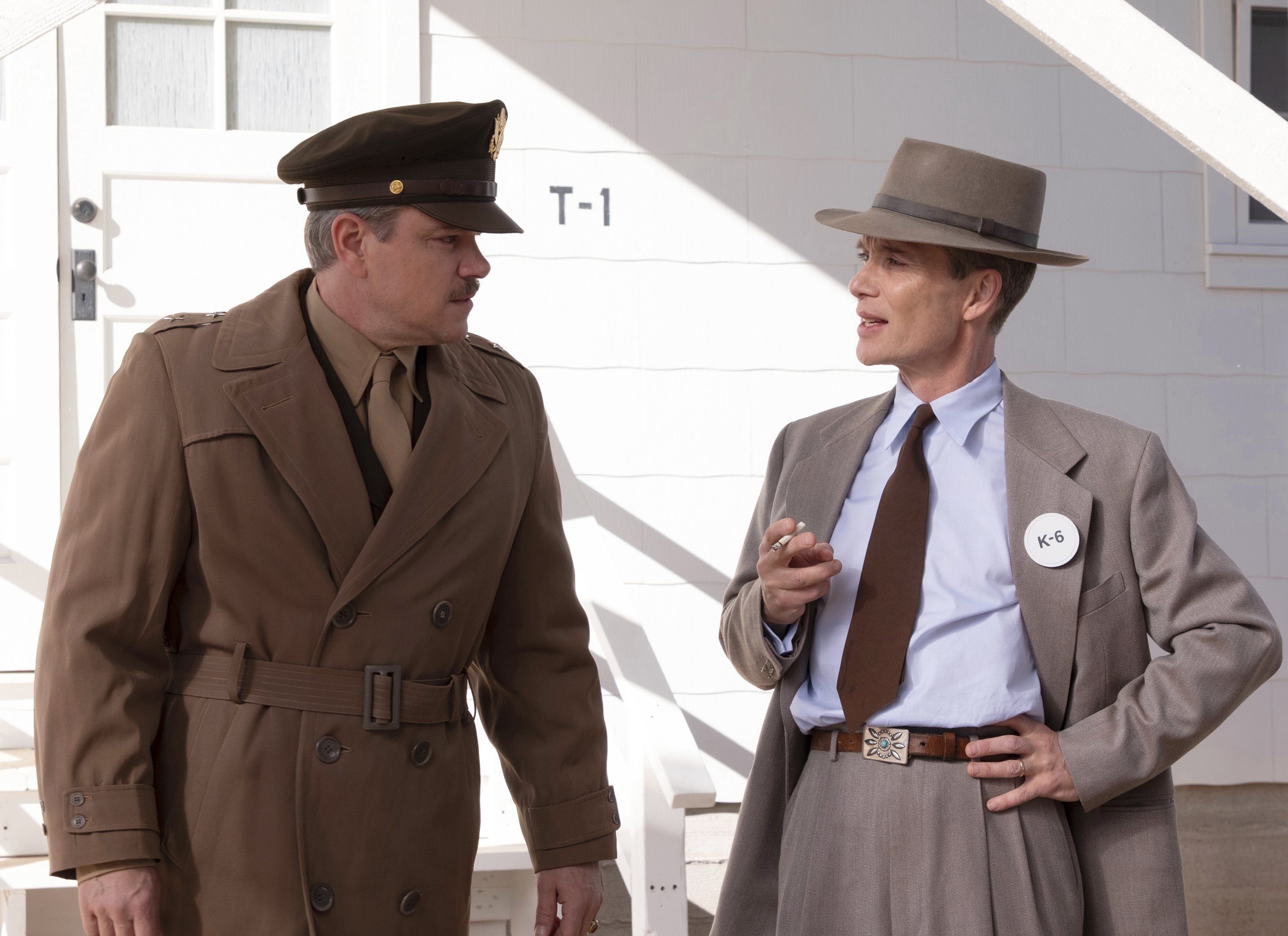284070 This image released by Universal Pictures shows Matt Damon as Gen. Leslie Groves, (L), and Cillian Murphy as J. Robert Oppenheimer in a scene from