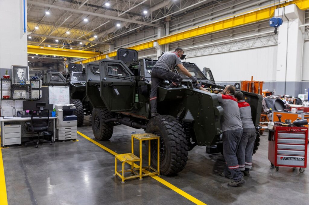 Technicians work on a Cobra II, an armored personnel carrier, at a production line at Türkiye's heavy commercial and armored vehicle manufacturer Otokar factory in Arifiye, a town in Sakarya province, Türkiye, July 13, 2023. (Reuters Photo)
