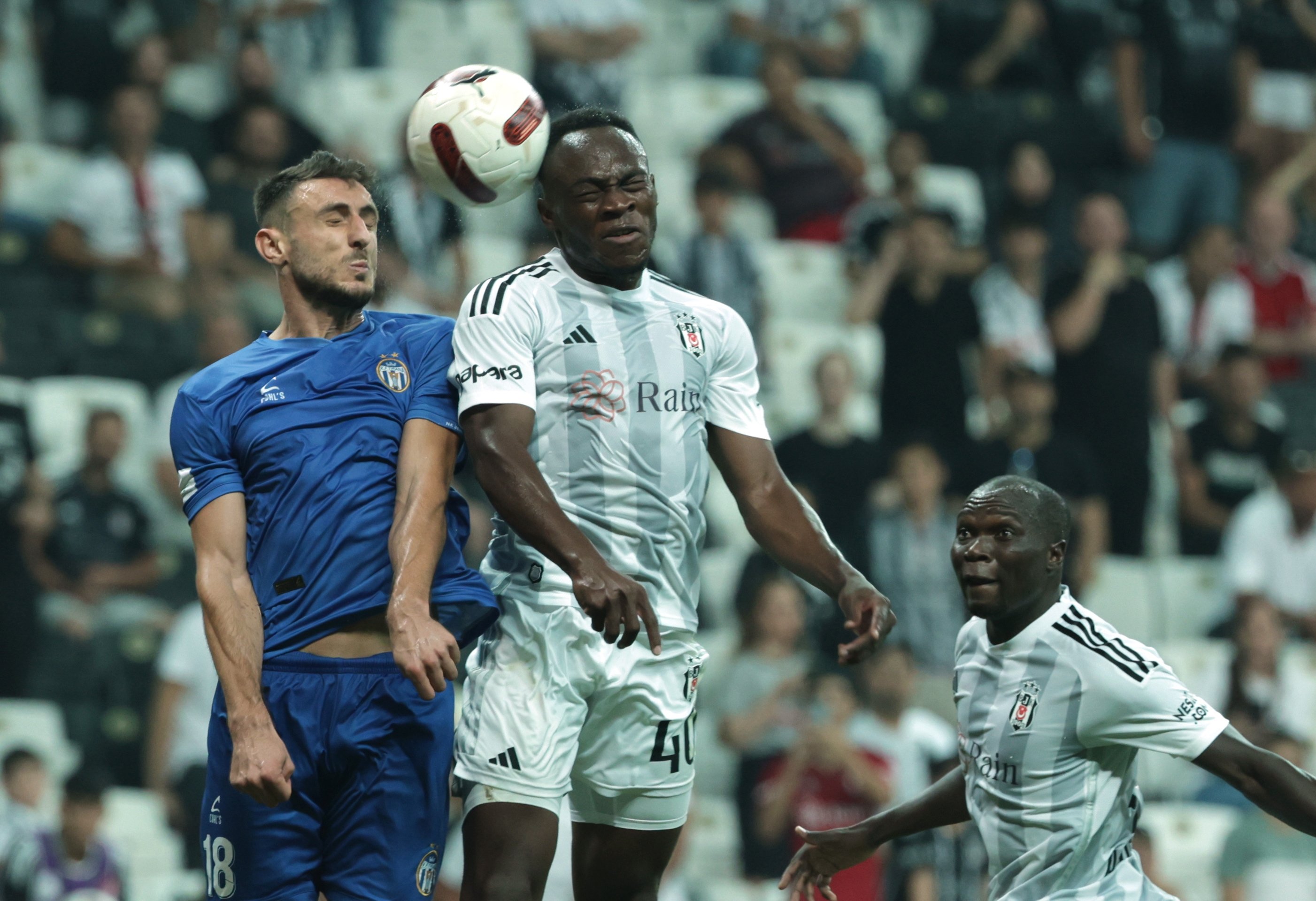 284772 Beşiktaş's Jackson Muleka (R) in action against Tirana's Florjan Pergjoni (L) during the UEFA Europa Conference League qualification match, Istanbul, Türkiye, July 27, 2023. (EPA Photo)
