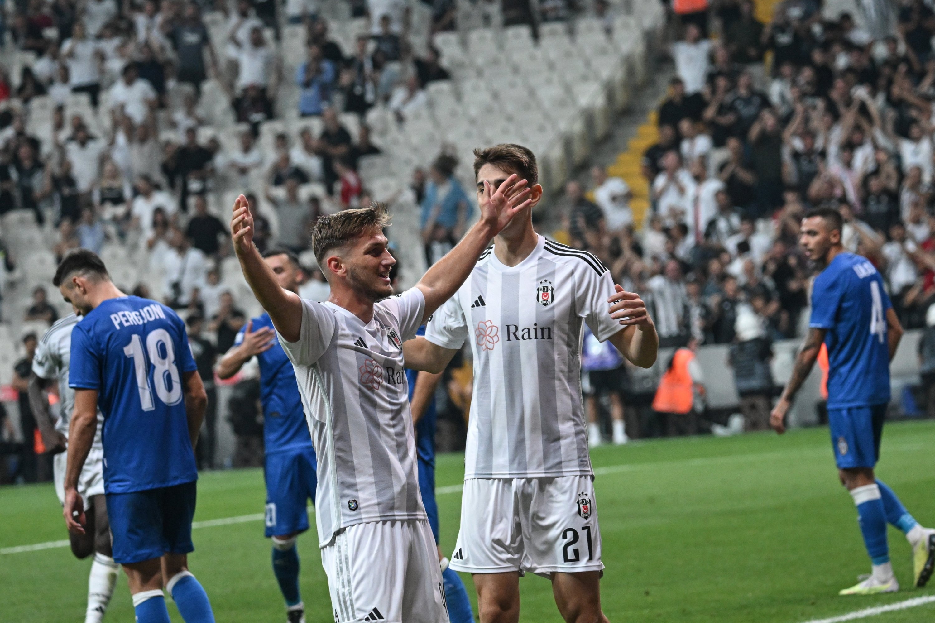 284773 Beşiktaş's Semih Kılıçsoy (L) celebrates after scoring against Tirana during the UEFA Europa Conference League qualification match, Istanbul, Türkiye, July 27, 2023. (AA Photo)