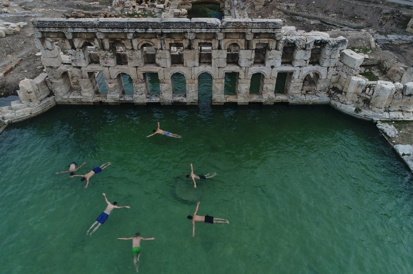 Aerial view of swimmers in the centuries-old Basilica Therma in Yozgat, central Türkiye, Feb. 14, 2018. (AA Photo)