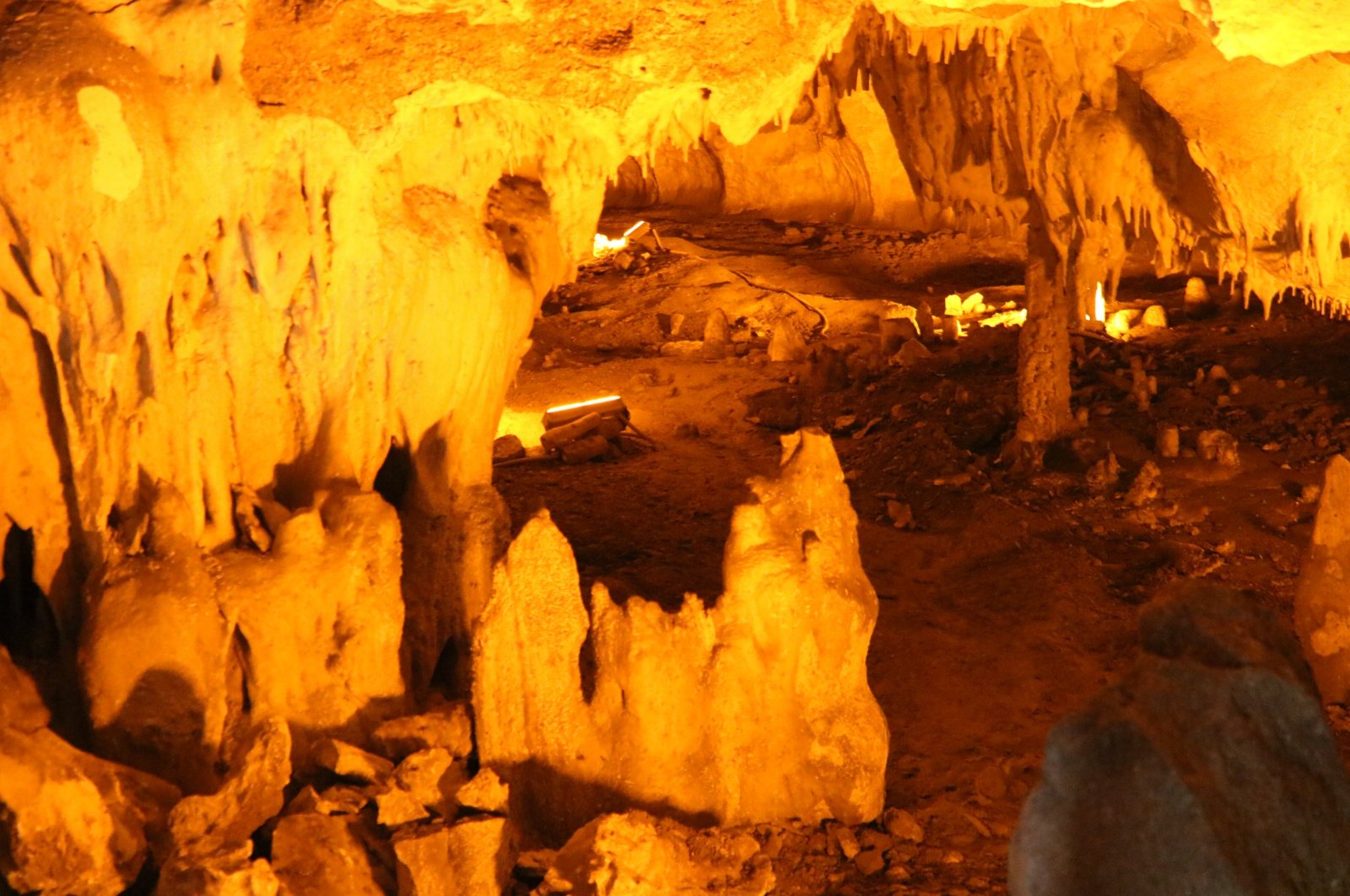 The stalagmites are photographed in Tutulmuş Cave, recently reopened for visitors, Ankara, Türkiye, Aug. 1, 2023. (AA Photo)