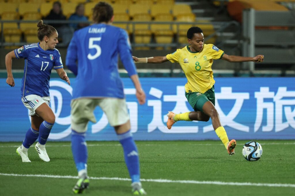 South Africa's Hildah Magaia (R) shoots during the Australia and New Zealand 2023 Women's World Cup Group G football match against Italy at Wellington Stadium, Wellington, New Zealand, Aug. 2, 2023. (AFP Photo)