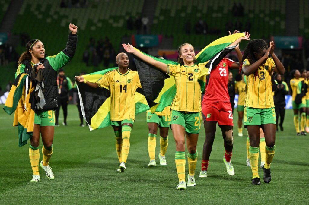 Players of Jamaica celebrate after the FIFA Women's World Cup 2023 group F match between against Brazil at Melbourne Rectangular Stadium, Melbourne, Australia, Aug. 2 2023. (EPA Photo)