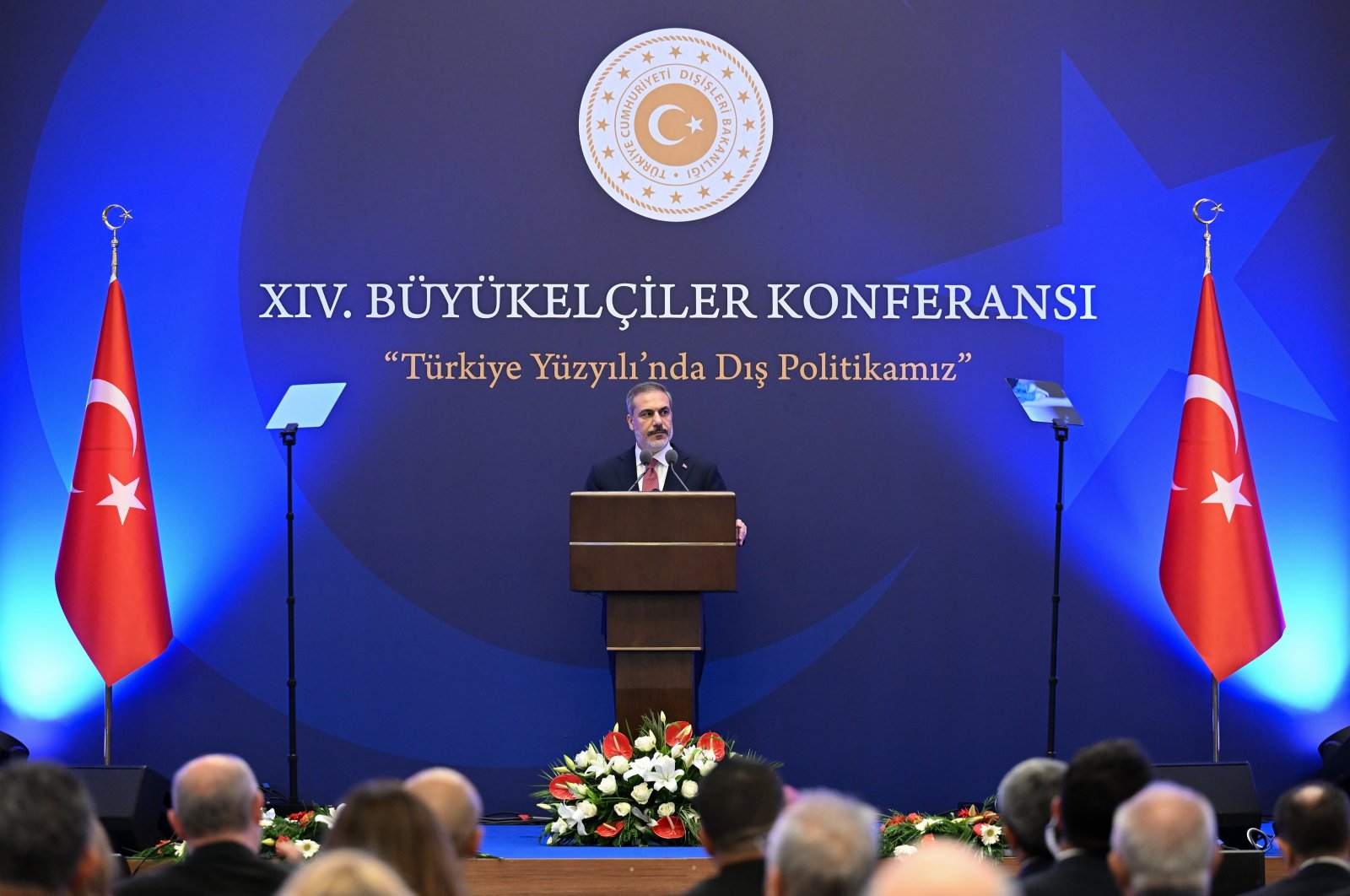 Foreign Minister Hakan Fidan addresses Turkish ambassadors, in the capital Ankara, Türkiye, Aug. 7, 2023. (AA Photo)