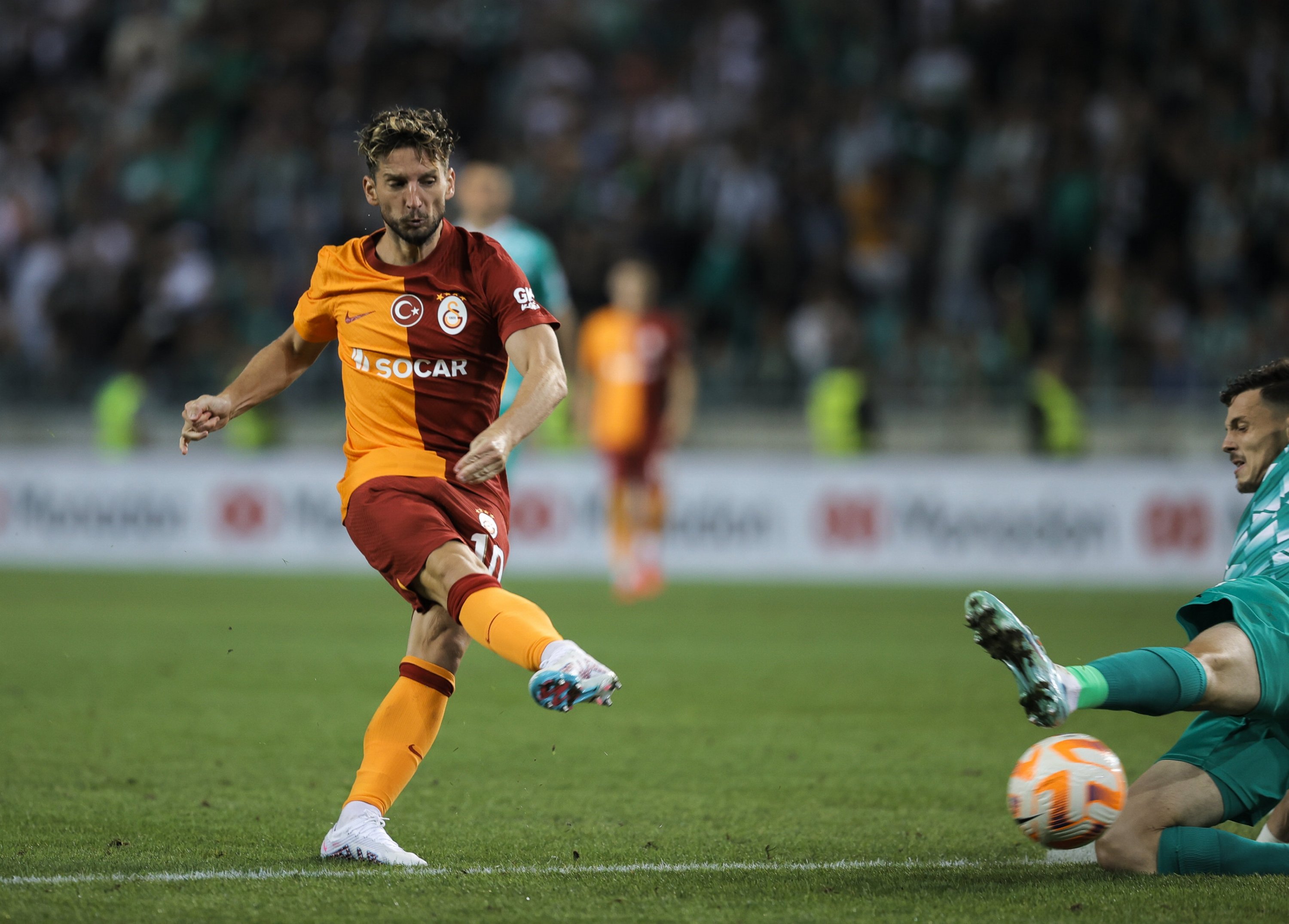 286585 Galatasaray's Dries Mertens scores against Olimpija Ljubljana during the UEFA Champions League qualifiers 3rd round match, Ljubljana, Slovenia, Aug. 8, 2023. (AA Photo)