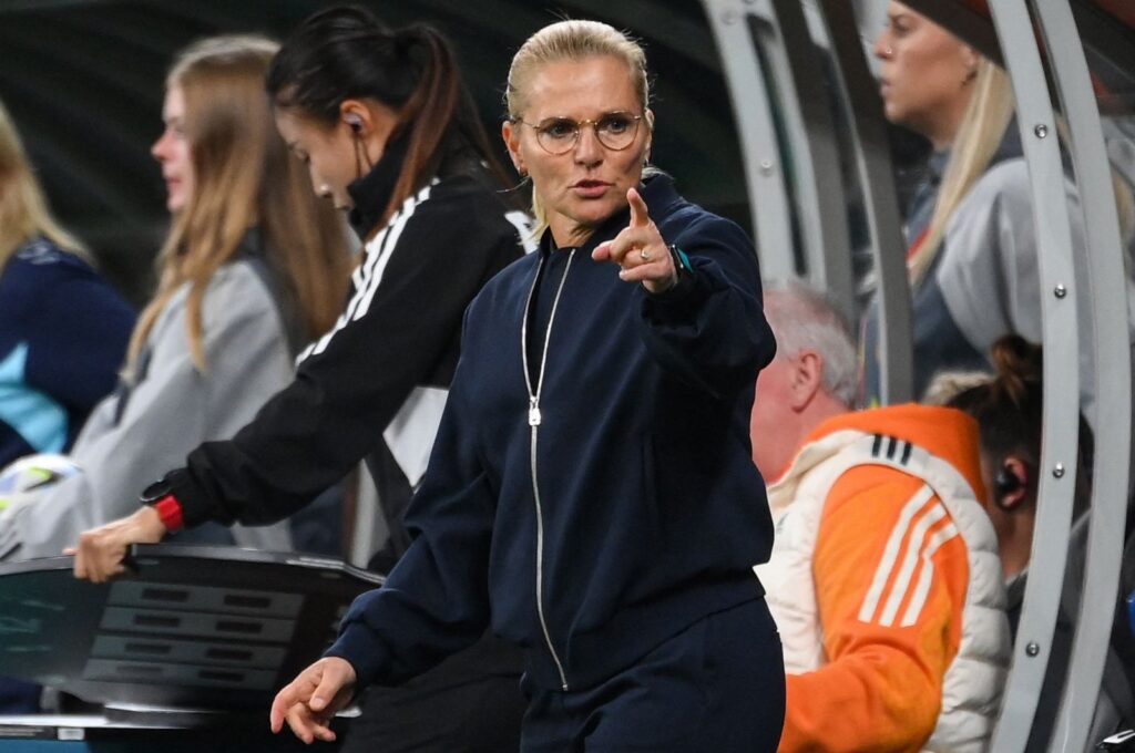 England's coach Sarina Wiegman-Glotzbach gives instructions during the Australia and New Zealand 2023 Women's World Cup Group D football match between England and Denmark at Sydney Football Stadium, Sydney, Australia, July 28, 2023. (AFP Photo)