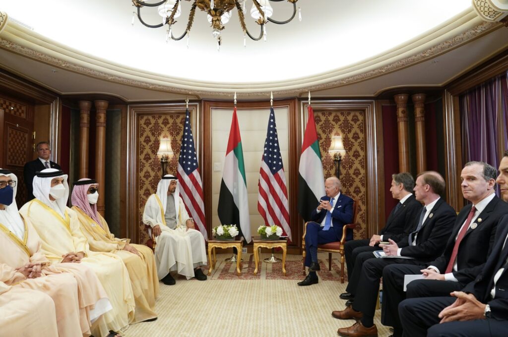 U.S. President Joe Biden (R) meets with Abu Dhabi's Crown Prince Mohammed bin Zayed Al Nahyan, in Jeddah, Saudi Arabia, July 16, 2022. (AP Photo)