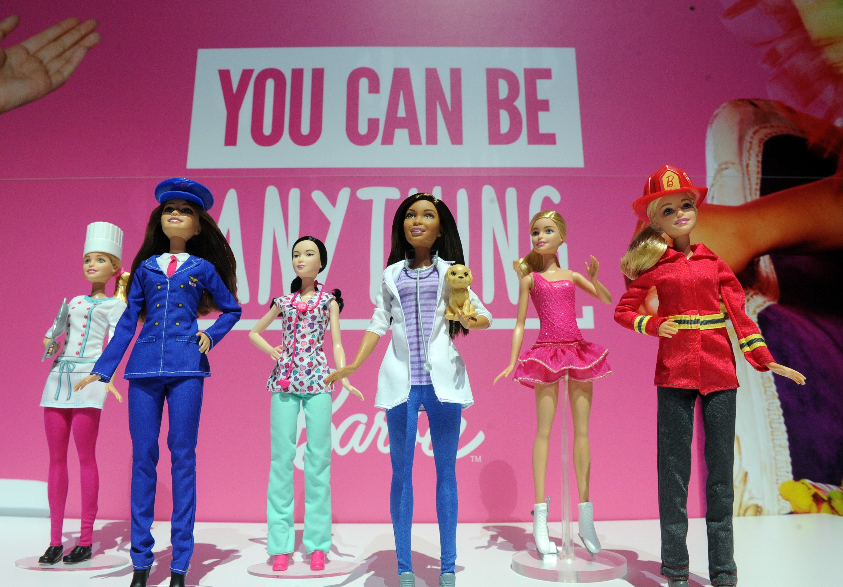 287671 Barbie Careers Assortment dolls are displayed at the New York Toy Fair, New York, U.S., Feb. 12, 2016. (AP Photo)