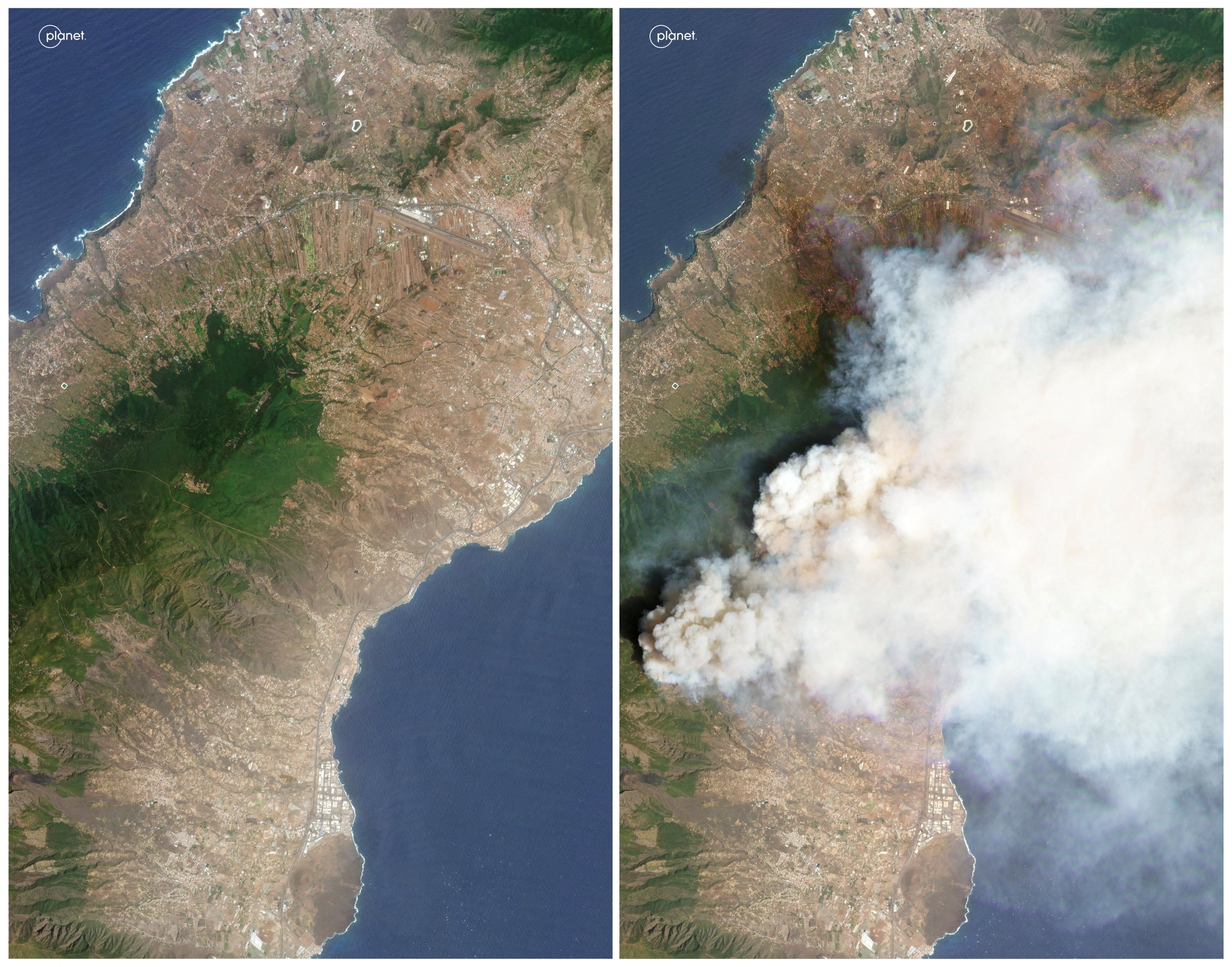 287979 A combination of satellite images shows the island of Tenerife before and during the wildfire, Spain Aug. 13, 2023 (L) and Aug. 16, 2023. (Reuters Photo)