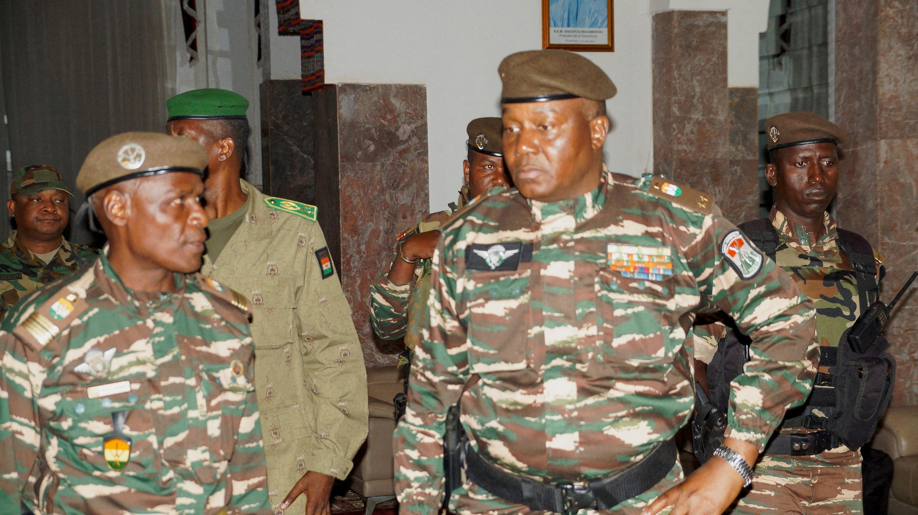 288057 Gen. Abdourahmane Tiani (R), who was declared as the new head of state of Niger by leaders of the coup, arrives to meet with ministers, Niamey, Niger, July 28, 2023. (Reuters Photo)