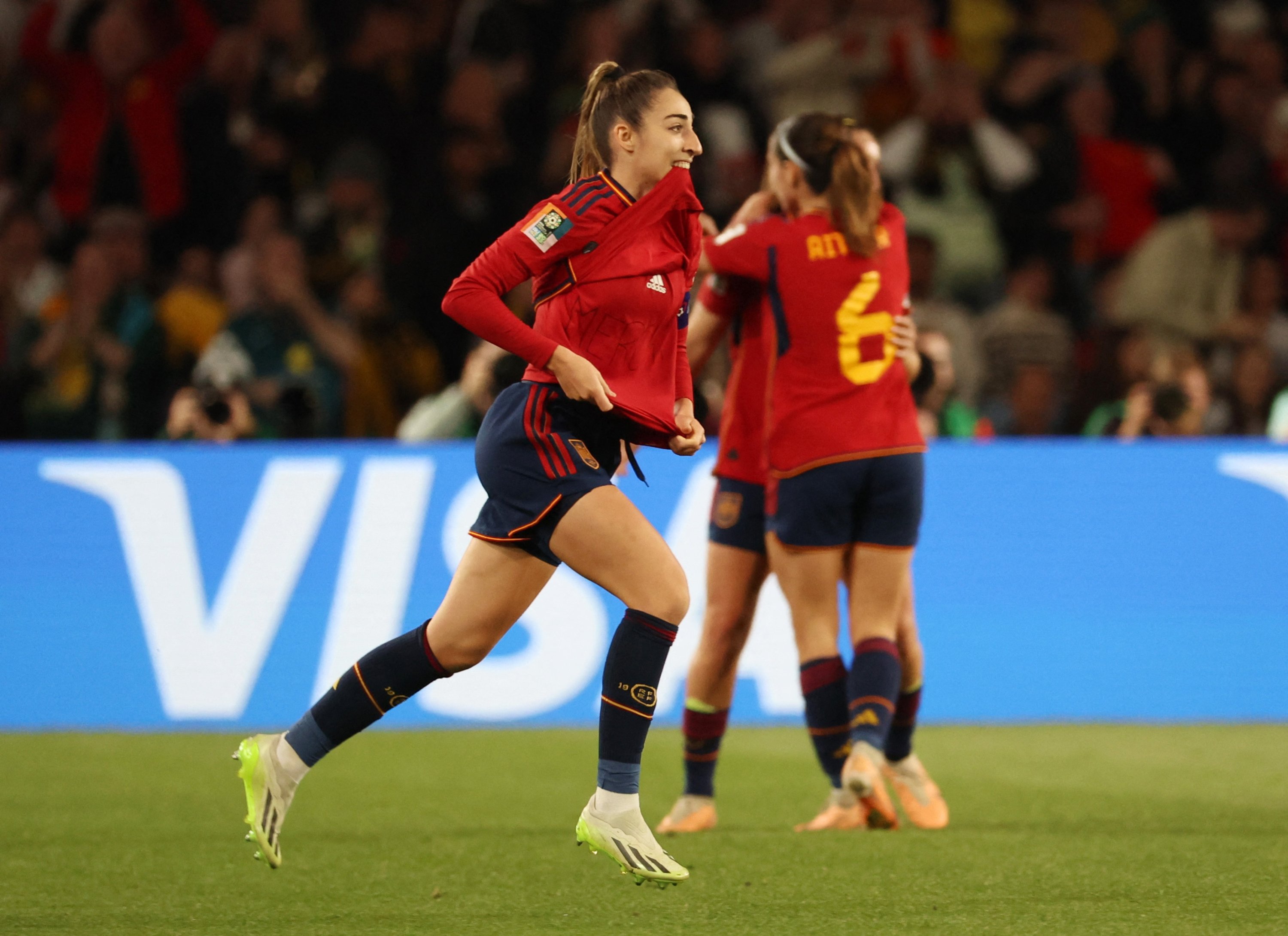 288235 Spain's Olga Carmona celebrates scoring their first goal during the Women's World Cup final against England at Stadium Australia, Sydney, Australia, Aug. 20, 2023. (Reuters Photo)