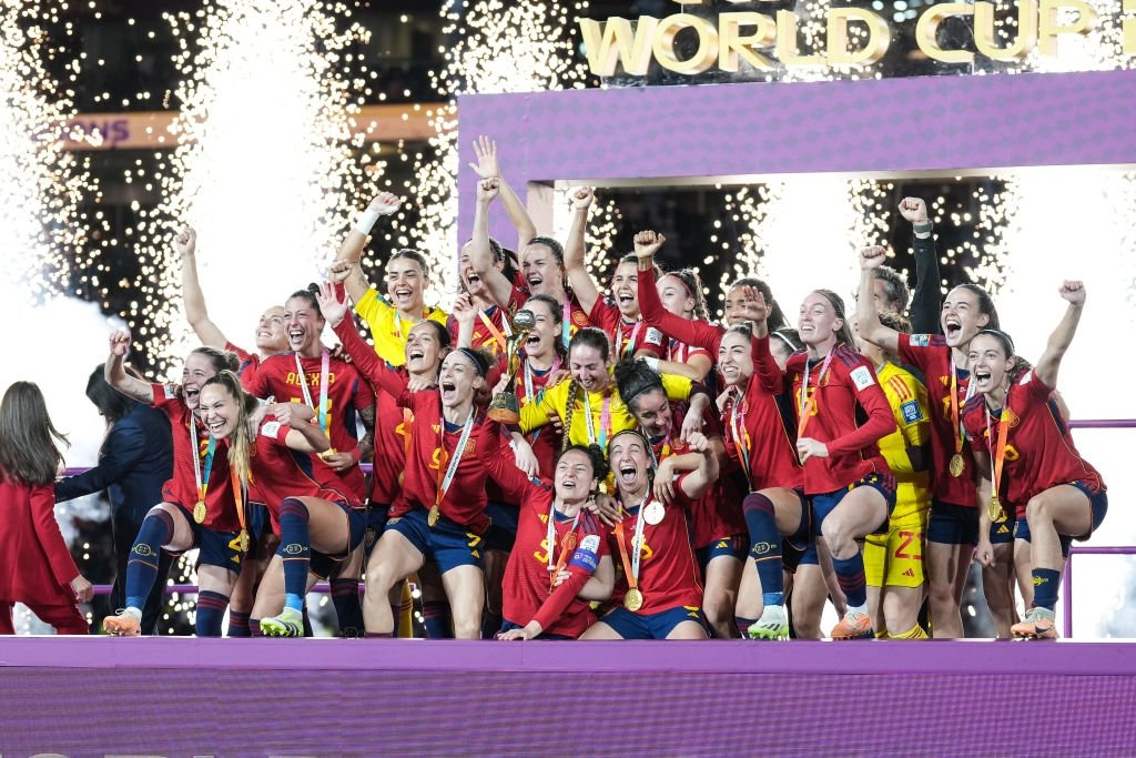 Spain players celebrate with the FIFA Women's World Cup Trophy following victory in the Women's World Cup final match against England at Australia Stadium, Sydney, Australia, Aug. 20, 2023. (Getty Images Photo)