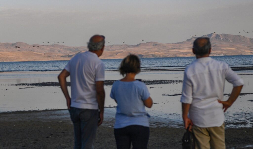 Locals seen amid the shrinking shorelines of Lake Van, Türkiye, Aug. 25, 2023. (Courtesy of @FulyaOzerkan)