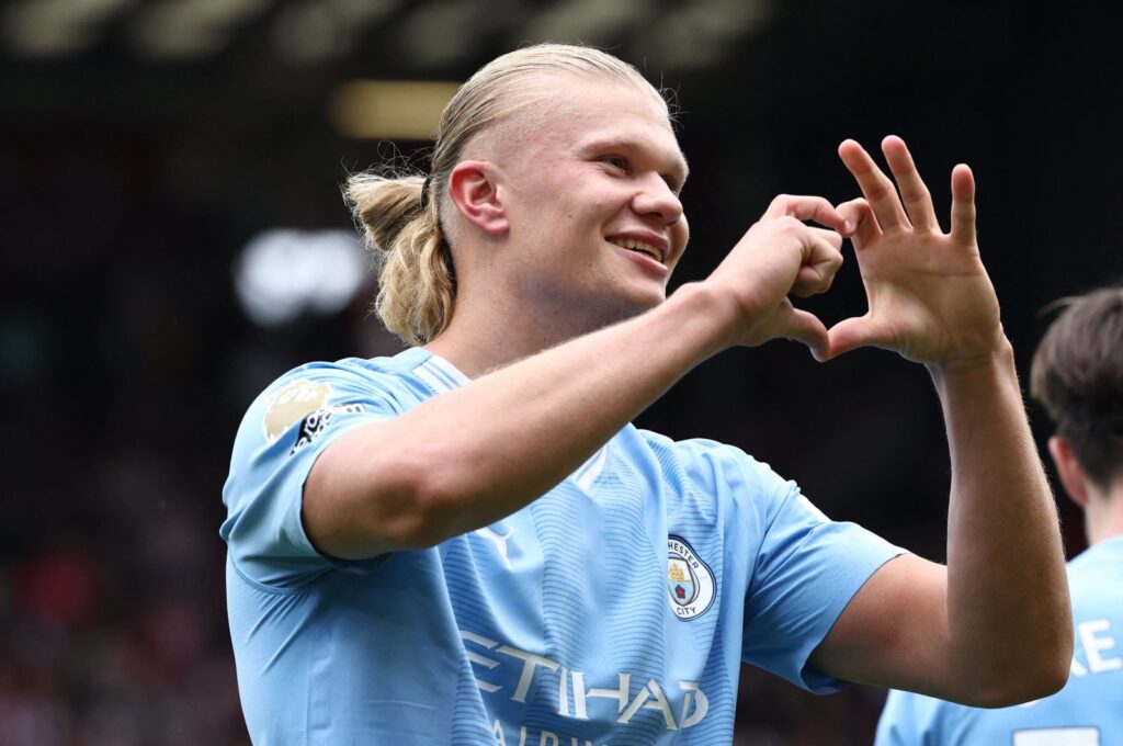 Manchester City's Erling Haaland celebrates scoring the opening goal during the English Premier League football match against Sheffield United at Bramall Lane, Sheffield, U.K., Aug. 27, 2023. (AFP Photo)