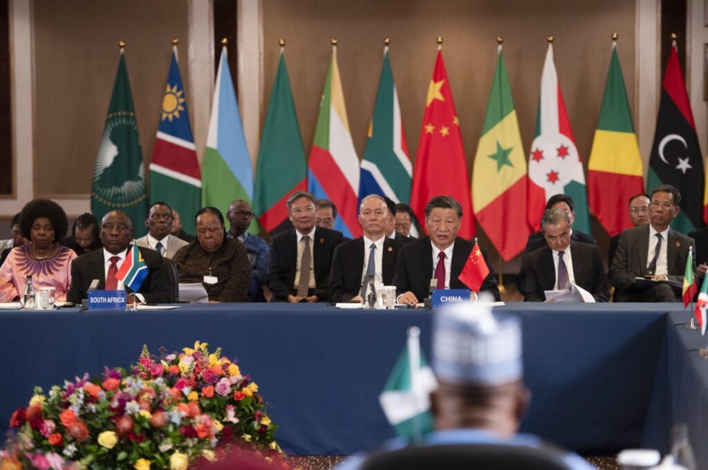 Chinese President Xi Jinping (R) and South African President Cyril Ramaphosa (L) attend the China-Africa Leaders' Roundtable Dialogue on the last day of the BRICS Summit, in Johannesburg, South Africa, Aug. 24, 2023. (EPA Photo)