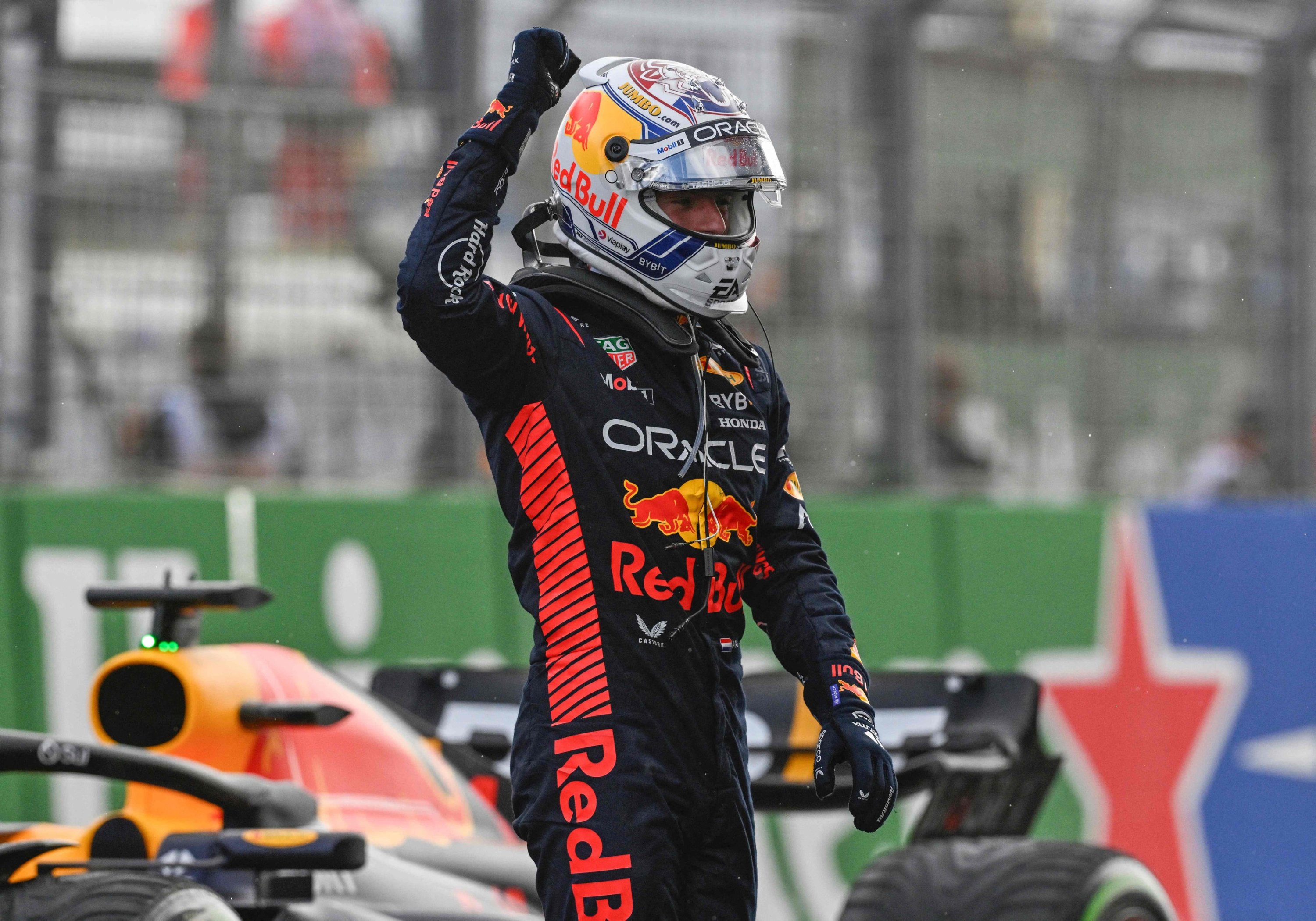 290107 Red Bull Racing's Dutch driver Max Verstappen celebrates after winning the Dutch Formula One Grand Prix race at The Circuit Zandvoort, Zandvoort, Netherlands, Aug. 27, 2023. (AFP Photo)