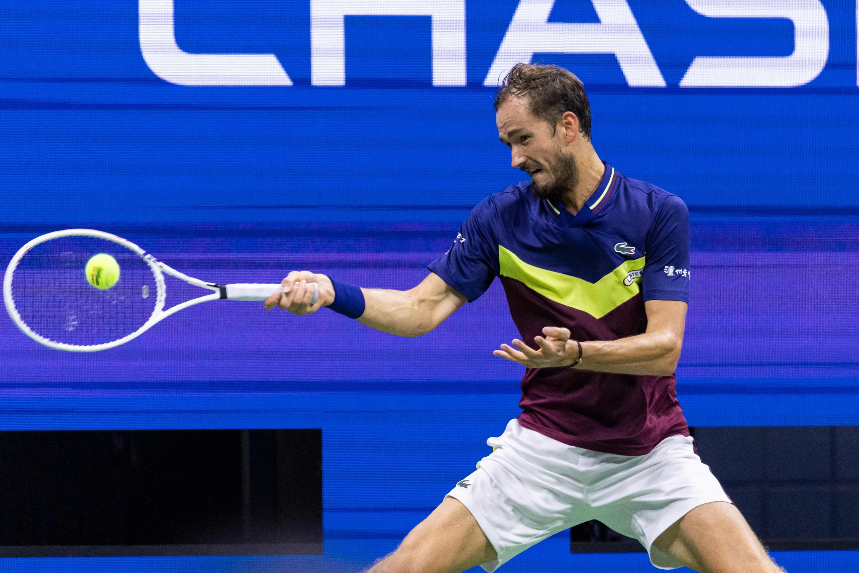 290242 Russia's Daniil Medvedev returns the ball to Argentina's Sebastian Baez during the U.S. Open tennis tournament men's singles third round match at the USTA Billie Jean King National Tennis Center, New York, U.S., Sept. 2, 2023. (AFP Photo)