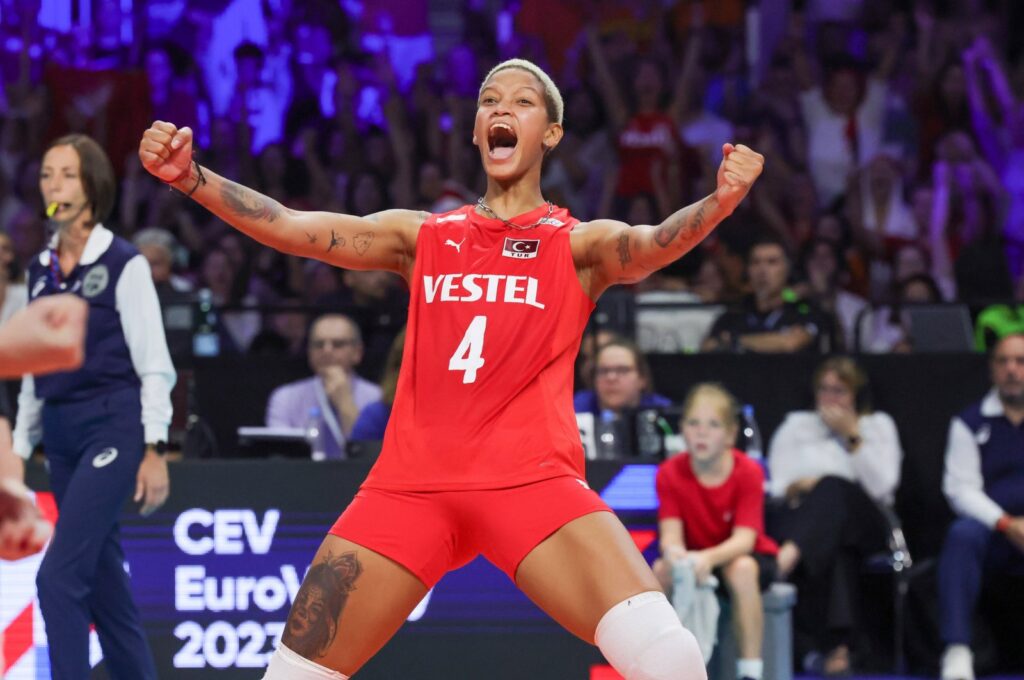 Türkiye's Melissa Vargas reacts during the EuroVolley Women 2023 gold medal match volleyball match against Serbia, Brussels, Belgium, Sept. 3, 2023. (EPA Photo)