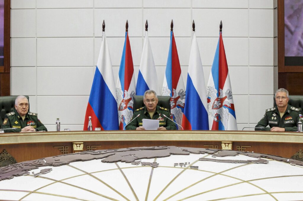 Russian Defense Minister General Sergei Shoigu (C) addresses the meeting of the Collegium of the Russian Defense Ministry in Moscow, Russia, Aug. 9, 2023. (Russian Defense Ministry via EPA)