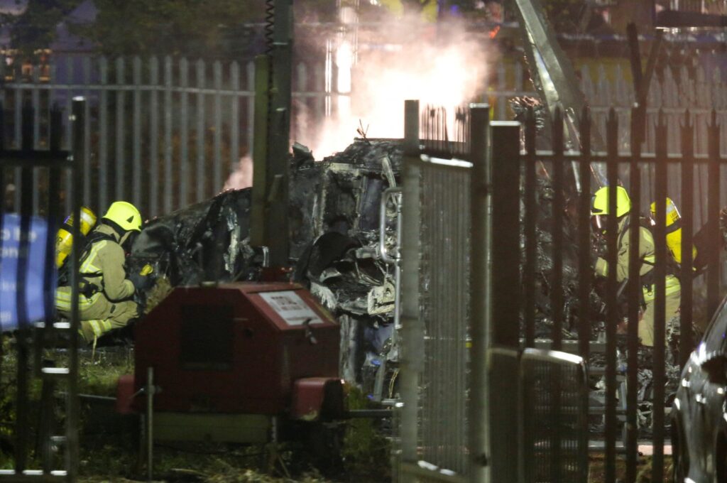 General view of the wreckage of the helicopter belonging to Leicester City owner Vichai Srivaddhanaprabha that crashed outside the King Power Stadium, Leicester, UK., Oct. 27, 2018. (Reuters Photo)