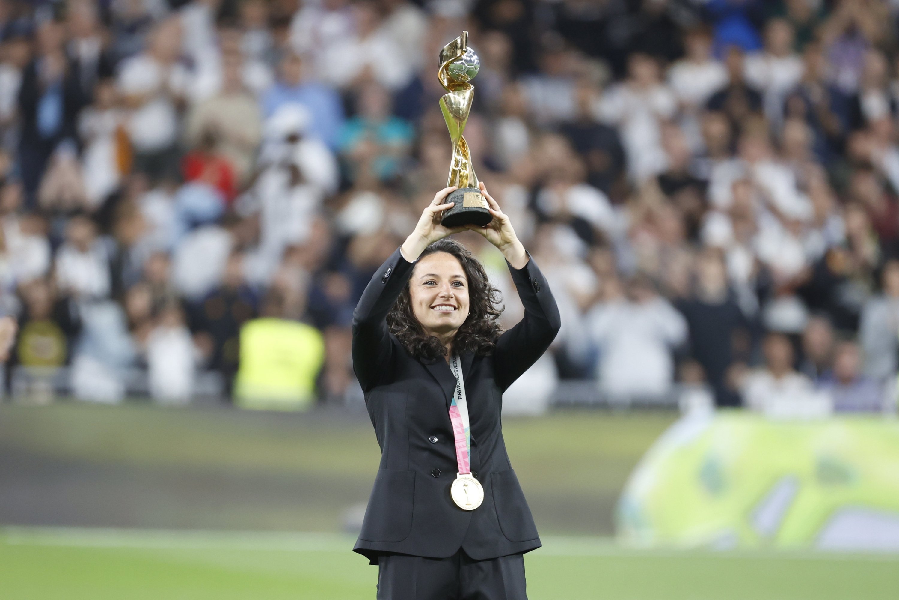 290887 Spain's and Real Madrid's captain Ivana Andres shows the World Cup trophy to supporters ahead of the Spanish La Liga match between Real Madrid and Getafe CF, Madrid, Spain, Sept. 2, 2023. (EPA Photo)