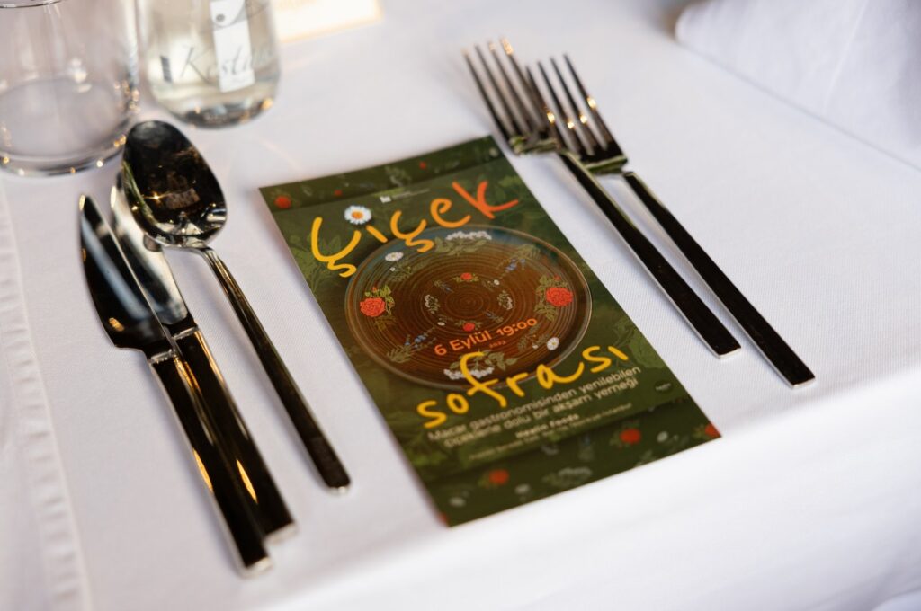 The menu card of the "Dinner of Flowers" organized by Hungarian chef Agnes Toth, Istanbul, Türkiye, Sept. 6, 2023. (Photo by Emre Topdemir)