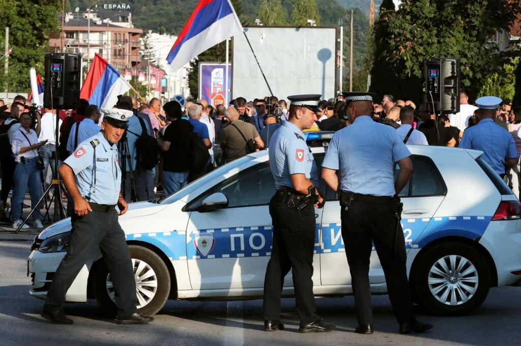 Bosnian Serb policemen stand guard during a protest after the indictment of Milorad Dodik by Bosnia's Prosecutor's Office, in East Sarajevo, Bosnia-Herzegovina, Sept. 1, 2023. (EPA Photo)