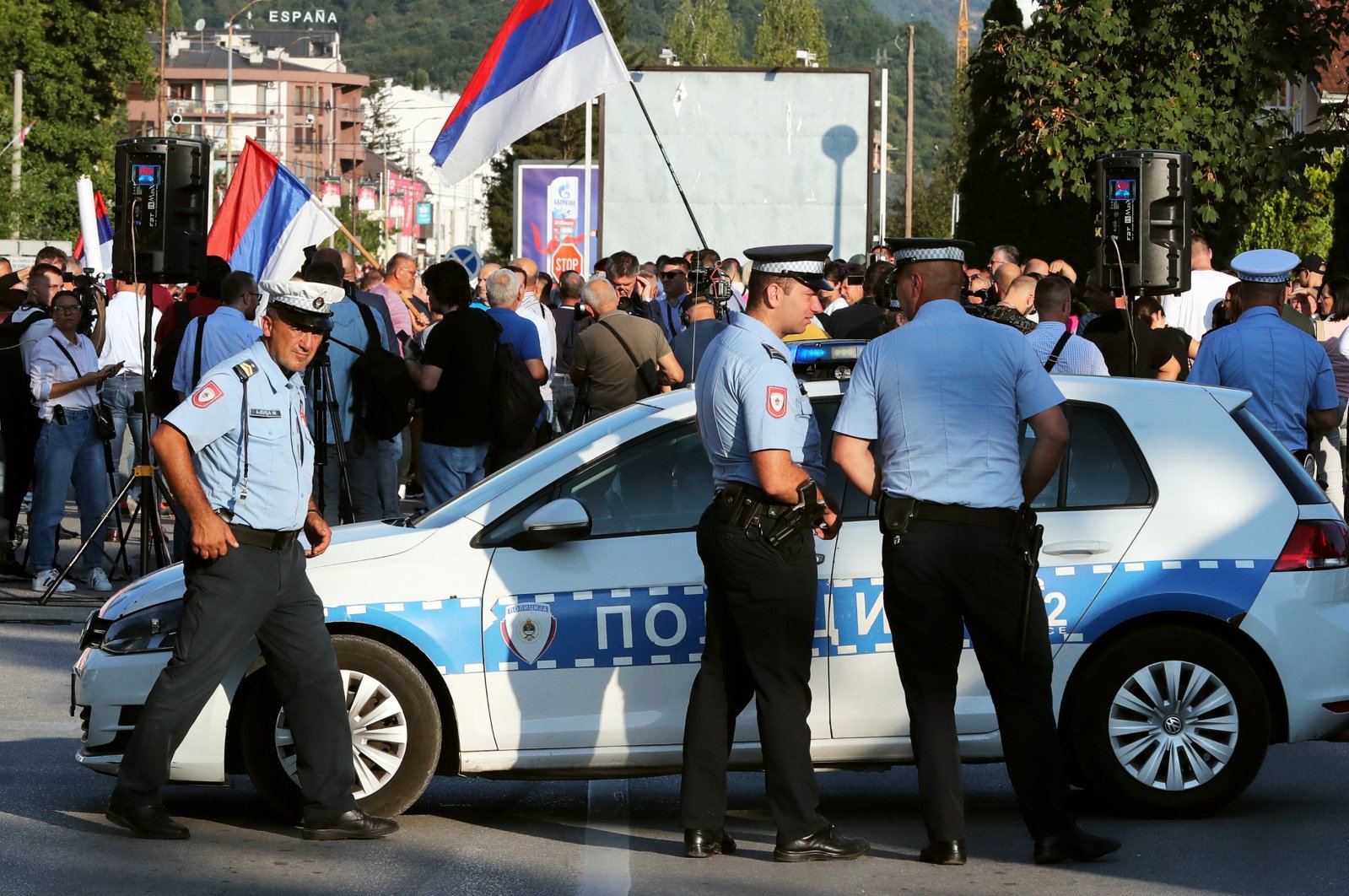 Bosnian Serb policemen stand guard during a protest after the indictment of Milorad Dodik by Bosnia's Prosecutor's Office, in East Sarajevo, Bosnia-Herzegovina, Sept. 1, 2023. (EPA Photo)